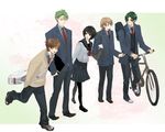  aran bag bicycle blazer brown_hair edward_(fire_emblem) fire_emblem fire_emblem:_akatsuki_no_megami green_hair ground_vehicle hanakago jacket laura_(fire_emblem) leonardo_(fire_emblem) long_sleeves multiple_boys necktie pantyhose school_uniform serafuku shoes sneakers sothe sweater 