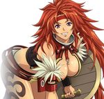  1girl arm_bands armband belt bent_down bent_over bracelet breasts cleavage cute female huge_breasts jewelry large_breasts lowres perfection purple_eyes queen&#039;s_blade queen's_blade red_hair risty shield smile solo tattoo 