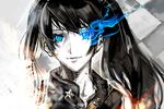  black_hair black_rock_shooter black_rock_shooter_(character) blue_eyes burning_eye close-up closed_mouth face glowing glowing_eyes long_hair nagimiso pale_skin portrait smile solo twintails 