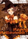  akizuki_ryou bad_id bad_pixiv_id bare_shoulders blush bow brown_eyes brown_hair crossdressing halloween happy_halloween hat idolmaster idolmaster_dearly_stars jack-o'-lantern male_focus open_mouth otoko_no_ko pumpkin smile solo tyouzetu_b_gata witch_hat 