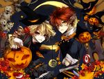  bad_id bad_pixiv_id blonde_hair candy copyright_request dress food frills gloves hairband halloween hat jack-o'-lantern long_hair matsunaka_hiro multiple_boys pointy_ears pumpkin purple_eyes red_hair scar short_hair tongue witch_hat yellow_eyes 