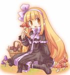  :d basket black_capelet black_dress blonde_hair capelet disgaea dress earrings fly_agaric jewelry karina long_hair mage_(disgaea) mushroom open_mouth orange_eyes pointy_ears ribbon smile solo very_long_hair yellow_eyes 