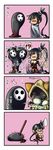  4koma animal_ears arakune black_hair blazblue breasts cat_ears chibi china_dress chinese_clothes cleavage cleavage_cutout comic dress glasses hair_ornament highres lao_jiu large_breasts litchi_faye_ling multiple_girls nyar panda ponytail taokaka tears translated 