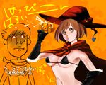  1girl agata_no_michi bikini_top breasts brown_eyes brown_hair cape cleavage gloves halloween happy_halloween hat kaito medium_breasts meiko orange_background short_hair translated vocaloid witch_hat 