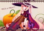  blonde_hair candy food halloween hat koto_(colorcube) lollipop long_hair looking_at_viewer melona_(koto) orange_eyes original pumpkin sitting solo striped striped_background striped_legwear swirl_lollipop thighhighs trick_or_treat very_long_hair witch_hat 