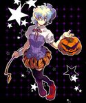  1girl akutsu_(yuumi) drill hair_ornament halloween jack-o'-lantern kamina_shades multicolored_hair nia_teppelin pumpkin ribbon short_hair solo tengen_toppa_gurren_lagann thighhighs two-tone_hair 