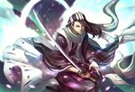  black_hair bleach blue_eyes haori japanese_clothes kuchiki_byakuya male_focus nayuki solo sword taichou_haori weapon 