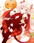  blush candy cleavage_cutout demon_tail elbow_gloves food gloves hair_ribbon halloween jack-o'-lantern kurasuke kurasuke's_demon_girl licking lollipop looking_at_viewer lying on_back original panties pink_hair pumpkin purple_panties red_eyes ribbon solo swirl_lollipop tail thighhighs twintails underwear wings 