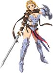  armor armored_boots blonde_hair blue_eyes boots braid breasts cleavage full_body gauntlets holding holding_sword holding_weapon large_breasts leina official_art queen's_blade shield short_hair_with_long_locks side_braid sideboob solo sword transparent_background twin_braids weapon 