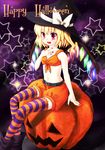  bad_id bad_pixiv_id blonde_hair flandre_scarlet halloween happy_halloween hat jack-o'-lantern kohaku. one_side_up ponytail pumpkin red_eyes short_hair solo striped striped_legwear thighhighs touhou wings witch_hat 