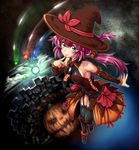  bad_id bad_pixiv_id blue_eyes detached_sleeves finger_to_mouth garter_straps halloween hat jack-o'-lantern long_hair looking_up original pirano pumpkin purple_hair smile solo star thighhighs witch witch_hat 