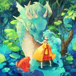  animal apron aqua_hair barefoot blue_eyes blue_hair blush dragon fish horns hug long_hair original pointy_ears ribbon skirt tree utacoco water 