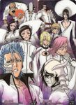  6+boys aaroniero_arruruerie absurdres arrancar black_hair bleach blue_hair cirucci_sanderwicci dordoni_alessandro_del_socaccio espada evil_grin evil_smile gantenbainne_mosqueda green_eyes grimmjow_jaegerjaquez grin highres kubo_taito luppi_antenor multiple_boys nnoitra_gilga pink_hair scan smile sword szayelaporro_granz tesra_lindocruz ulquiorra_cifer weapon wonderweiss_margela yammy_llargo zommari_rureaux 