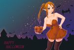  bad_id bad_pixiv_id bare_shoulders bat breasts brown_hair cleavage dress halloween hand_on_hip happy_halloween jack-o'-lantern medium_breasts orange_skirt original pointy_ears ponytail pumpkin skirt solo spookie strapless strapless_dress thighhighs zettai_ryouiki 