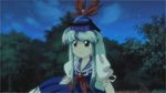  1girl animated animated_gif annoyed artist_request blush_stickers bow brown_eyes cloud dress forest hair_bow hat kamishirasawa_keine long_hair nature night night_sky official_style oota_jun'ya_(style) parody short_sleeves sky solo style_parody touhou tree 