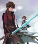  alternate_costume blonde_hair bow brown_eyes brown_hair capelet edward_(fire_emblem) fingerless_gloves fire_emblem fire_emblem:_akatsuki_no_megami gloves hanakago leonardo_(fire_emblem) long_coat long_sleeves multiple_boys snow sword weapon wind 