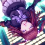  armband blue_eyes dutch_angle falling hair_bobbles hair_ornament jacket kayu lips long_hair necktie red_hair ribbon skirt solo thighhighs two_side_up umineko_no_naku_koro_ni upside-down ushiromiya_ange 