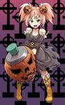  boots copyright_request dress food_themed_hair_ornament hair_ornament halloween jack-o'-lantern pink_hair poporon pumpkin pumpkin_hair_ornament short_twintails solo twintails 