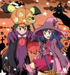  1girl black_hair blue_eyes blue_hair blush boots cape cosplay costume cross dress dusclops duskull gastly gen_1_pokemon gen_2_pokemon gen_3_pokemon gen_4_pokemon gloves golbat gouguru grin hair_ornament halloween hat haunter haunter_(cosplay) hikari_(pokemon) jack-o'-lantern lunatone mismagius mismagius_(cosplay) pichu pokemon pokemon_(anime) pokemon_(creature) pumpkin red_eyes satoshi_(pokemon) sky smile solrock staff star sunset tombstone witch_hat 