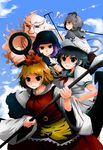  anchor animal_ears arano_oki bishamonten's_spear black_hair blonde_hair bracelet green_eyes grey_hair hair_ornament hat hood jewelry kumoi_ichirin mouse_ears mouse_tail multiple_girls murasa_minamitsu nazrin polearm sailor sailor_hat short_hair spear tail toramaru_shou touhou unzan weapon 