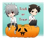  androgynous aqua_background bad_id bad_pixiv_id english halloween ikari_shinji jack-o'-lantern male_focus multiple_boys nagisa_kaworu neon_genesis_evangelion pumpkin shouno_kotarou trick_or_treat 