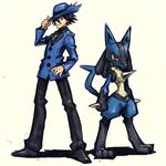  black_eyes black_hair black_pants full_body gen_(pokemon) gen_4_pokemon hair_between_eyes hat hat_tip jewelry long_sleeves looking_at_viewer lowres lucario male_focus meimaru_inuchiyo necklace pants pokemon pokemon_(creature) red_eyes shoes simple_background spikes standing 