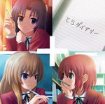  aisaka_taiga blue_hair brown_eyes brown_hair cover game_cover kawashima_ami kushieda_minori long_hair love_plus mechanical_pencil multiple_girls parody pencil pencil_mustache purple_eyes red_eyes red_hair school_uniform short_hair ska toradora! translated 