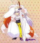  armor artist_request asa_no_ha_(pattern) crescent fur hexagon highres honeycomb_(pattern) honeycomb_background inuyasha japanese_clothes kimono long_hair male_focus official_art pointy_ears scan sesshoumaru solo sword weapon white_hair yellow_eyes 