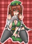  bandages braid breasts china_dress chinese_clothes cleavage dress green_eyes hat hong_meiling koge-owl large_breasts long_hair red_hair short_hair solo thighhighs tongue touhou twin_braids twintails 