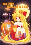  catbell flandre_scarlet food_themed_hair_ornament hair_ornament halloween happy_halloween long_hair moon one_side_up pumpkin pumpkin_hair_ornament red_eyes solo touhou wings 