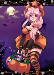  bad_id bad_pixiv_id blush breasts candy cleavage food fujimori_mikan glasses halloween jack-o'-lantern large_breasts long_hair lucky_star moon pink_hair pumpkin purple_eyes solo striped striped_legwear takara_miyuki thighhighs 