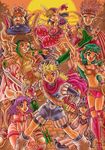  4girls animal_ears armor bag blonde_hair blue_eyes bow breasts brown_hair cape cleavage dress earrings everyone feena_(grandia) fingerless_gloves gadwin_(grandia) gloves grandia green_eyes green_hair grey_eyes grin guido_(grandia) hair_bow hair_ornament hat jewelry jumping justin_(grandia) kneehighs kneeling knees knife legs liete_(grandia) long_hair long_sleeves md5_mismatch medium_breasts midriff milda_(grandia) mitsurou multiple_boys multiple_girls muscle navel necklace open_mouth outstretched_hand pants pink_eyes pink_hair pointy_ears purple_eyes purple_hair rapp_(grandia) shoes short_hair short_sleeves shorts skirt sky smile socks sue_(grandia) sun sword tattoo torn_clothes wall weapon wide_sleeves 