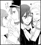  2boys 2girls alvin_(tales) bare_shoulders beard blush bracelet breasts coat detached_sleeves facial_hair gaius_(tales) hat heart jewelry leia_rolando long_hair monochrome multiple_boys multiple_girls muzet_(tales) necktie one_eye_closed open_mouth short_hair tales_of_(series) tales_of_xillia tales_of_xillia_2 wink 