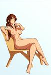  barefoot black_lagoon breasts brown_hair chair cigarette full_body gradient gradient_background grey_eyes highres legs_crossed lips long_hair nose nude parted_lips payot reclining revy_(black_lagoon) shiny shiny_skin sidelocks sitting smoking solo sven_(svenners) tattoo 