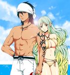  1girl abs aqua_hair bare_shoulders bikini black_hair bracelet breasts dark_skin gaius_(tales) gradient gradient_background green_eyes jewelry midriff multicolored_hair muscle muzet_(tales) navel necklace ocean pointy_ears red_eyes sea short_hair swimsuit tales_of_(series) tales_of_xillia tales_of_xillia_2 tattoo towel very_long_hair water 