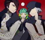  1girl 2boys aqua_hair black_hair blue_eyes fur gaius_(tales) gloves green_eyes grey_hair hair_over_one_eye hat jacket long_hair ludger_will_kresnik multiple_boys muzet_(tales) open_mouth pointy_ears red_background red_eyes ribbon school_uniform short_hair simple_background skirt tales_of_(series) tales_of_xillia tales_of_xillia_2 