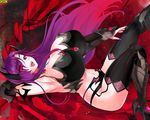  arm_up armor armpits arms_behind_head bikini_armor breasts cleavage demon_girl fangs gradient gradient_background huge_breasts looking_at_viewer lying nail_polish navel on_back open_mouth purple_hair red_eyes smile solo succubus sudachi_(omc) thighhighs 