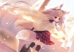  animal_ear_fluff animal_ears black_legwear brown_hair commentary_request curtains fox_ears fox_tail indoors long_hair looking_at_viewer original p19 pink_eyes plaid plaid_skirt see-through skirt solo sun tail thighhighs very_long_hair window 