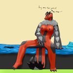  &lt;3 anthro bed big_breasts black_nipples blue_eyes breasts claws english_text female fur horn invalid_tag legendary_pok&eacute;mon looking_at_viewer nintendo nipples nude pen pillow pok&eacute;mon presenting presenting_pussy pussy simple_background smile solo spread_legs spreading text video_games yveltal 