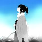  bad_id bad_pixiv_id blood bloody_weapon blue_background blue_eyes bridal_gauntlets gradient gradient_background hakama haori high_ponytail japanese_clothes katana long_hair male_focus mole mole_under_eye monochrome profile scarf solo spot_color sword tomo_(sjim) touken_ranbu weapon yamato-no-kami_yasusada 