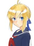  :&lt; ahoge artoria_pendragon_(all) blonde_hair capsule_servant fate_(series) frown looking_at_viewer master_artoria school_uniform serafuku short_hair simple_background solo tsurusaki_yuu upper_body v-shaped_eyebrows white_background 