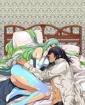  1boy 1girl abs aqua_hair ass bare_shoulders black_hair blush bracelet breasts dark_skin detached_sleeves dress gaius_(tales) green_eyes jewelry long_hair lying multicolored_hair muzet_(tales) pants pantyhose pillow red_eyes short_hair tales_of_(series) tales_of_xillia tales_of_xillia_2 