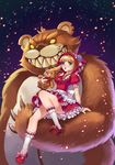  annie_hastur backpack bag bear blonde_hair blush dress frilled_dress frills green_eyes guozi_li hood kneehighs league_of_legends looking_at_viewer ribbon sharp_teeth stuffed_animal stuffed_toy teddy_bear teeth tibbers white_legwear 