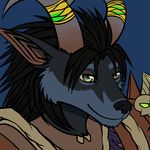  2015 anthro armor black_hair black_nose blue_fur canine female fur green_eyes hair horn horn_ring mammal paralee_(character) plain_background pointy_ears ratte reaction_image solo video_games warcraft were werewolf worgen 