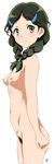  1girl black_hair blush braid breasts female from_side green_eyes hair_ornament hairclip hibike!_euphonium long_hair looking_at_viewer looking_back navel nipples nude pubic_hair saitou_aoi signature simple_background smile solo twin_braids twintails vzmk2 white_background 