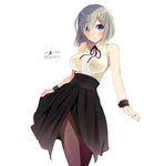  :o alternate_costume bare_shoulders black_skirt blue_eyes blush breasts brown_legwear dated hair_ornament hair_over_one_eye hairclip hamakaze_(kantai_collection) highres kantai_collection large_breasts long_skirt meme_attire pantyhose short_hair signature silver_hair simple_background skirt sleeveless solo tebi_(tbd11) virgin_killer_outfit white_background wrist_cuffs 