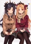  2girls absurdres bangs black_hair black_legwear black_ribbon blonde_hair blush breasts brown_coat brown_scarf closed_mouth coat ereshkigal_(fate/grand_order) eyebrows_visible_through_hair fate/grand_order fate_(series) grey_skirt hair_ribbon hands_together highres ishtar_(fate/grand_order) knee_up kujou_ichiso long_hair looking_at_viewer medium_breasts multiple_girls pantyhose parted_bangs pleated_skirt red_coat red_eyes red_ribbon ribbon scarf sidelocks sitting skirt smile tiara two_side_up 