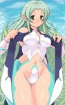  aqua_hair bare_shoulders blush bracelet breasts cleavage detached_sleeves dress gradient gradient_background green_eyes jewelry muzet_(tales) navel panties pointy_ears smile solo tales_of_(series) tales_of_xillia tales_of_xillia_2 underwear very_long_hair 