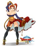  bare_shoulders boots breasts brown_hair bursting_breasts cleavage devil-v dragon_quest dragon_quest_viii female full_body g-string jessica_albert large_breasts long_hair long_skirt off_shoulder pantyshot_(standing) red_eyes red_hair short_twintails simple_background skirt smile solo standing thedevilvoid thong twintails whip 