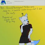  2015 answer anthro bulge canine clothed clothing english_text facepalm howlfei howlfeiwolf male mammal open_mouth q&amp;a question shorts solo text tongue wolf 